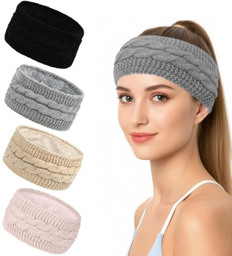 Women Warm Knitted Headband Winter Ear Warmer Crochet Head Wraps Thick Fleece Lining Hair Bands，4 pack