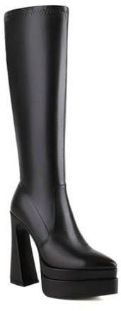 YhdtHSF Stivali da Donna in Pelle al Ginocchio con Plateau, Tacco Largo, Punta a Punta, Moda, Tacchi Alti al Ginocchio 14CM,Nero,43 EU