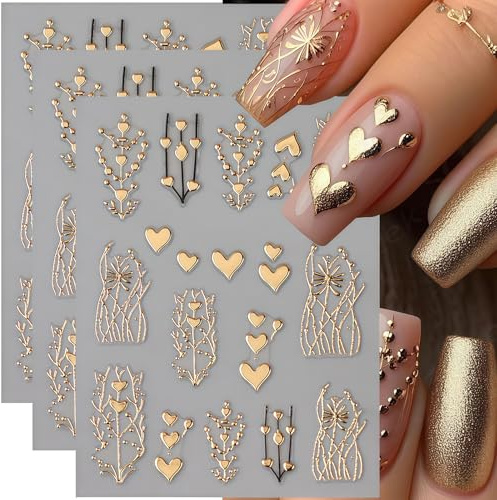 CharmeFleur Gold Heart Nail Stickers for Nail Art 3D Bronzed Heart Decals 3 Pieces Metallic Golden Love Hearts Tree Stripe Pattern Self-Adhesive