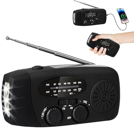 Kurbelradio mit Solar und LED Taschenlampe, 3-LED-Taschenlampe/AM/FM/Wetter/USB-Handyaufladung, Tragbar für Camping, Wandern & Notfallvorsorge (Schwarzes)