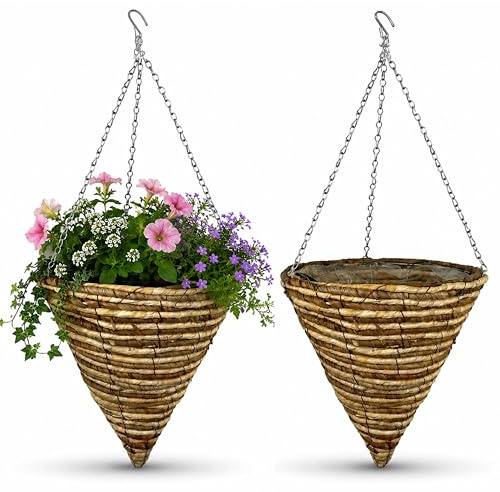 ADEPTNA Set of 2 Cone Garden Hanging Baskets 14 Inches - Natural Basket Hanging Plants Wall Flower Planter Pot with Detachable Hanging Chain for Home Garden Decoration (14 ROPE BASKETS)