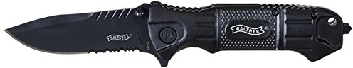 Walther Black Tac Knife TK Einhandmesser mit mattschwarzer Klinge und partiellen Wellenschliff inkl. Glasbrecher