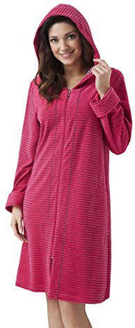 DOROTA kuscheliger und moderner Baumwoll-Bademantel mit Taschen, Reißverschluss & Kapuze, Himbeere-gestreift, 42 / XL