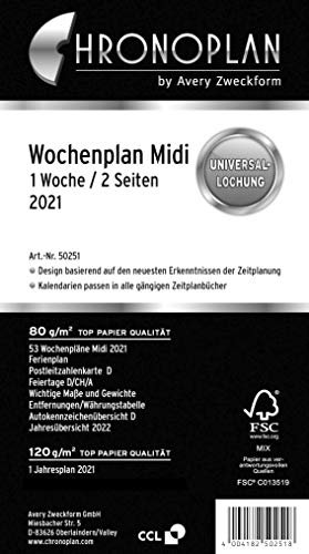 Chronoplan 50541 Kalendereinlage 2021, Wochenplan Midi in Spalten (96x172mm), Ersatzkalendarium, ideal für detaillierte Wochenplanung, Universallochung (1 Woche auf 2 Seiten), weiß