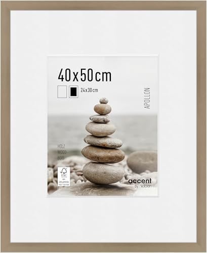 accent by nielsen Bilderrahmen mit Passepartout, 40 x 50 cm, Holz, Silber, Posterrahmen zum Aufhängen im Hoch- & Querformat, Echtglas, Apollon