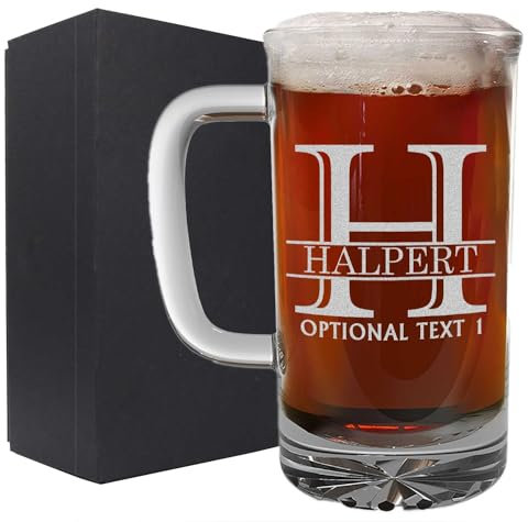 Personalised Etched 473ml Glass Beer Mug Stein Tankard, Custom Grandad Gifts, Customized Birthday Present for Men Him Dad Father, Engraved Birthday Decorations Decor - Halpert Monogram