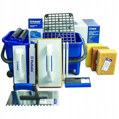 Fliesenwaschset 20l Fliesenleger Waschbox 12- teiliges Waschset enthält Gittereinlage - Räderset - Doppelrolle - Fliesenwaschbrett - Fugenbrett - 3 x Fliesenschwamm - Glättekelle