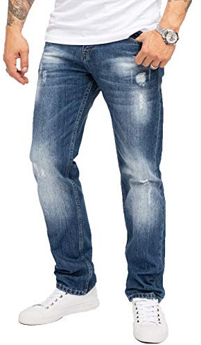 Indumentum Jeans Herren Regular Fit Hose Männer Jeans Hosen Herrenjeans Denim Herrenhose Mens Pant Zerrissene Jeans Destroyed-Look Blau IR-501 W36 L34