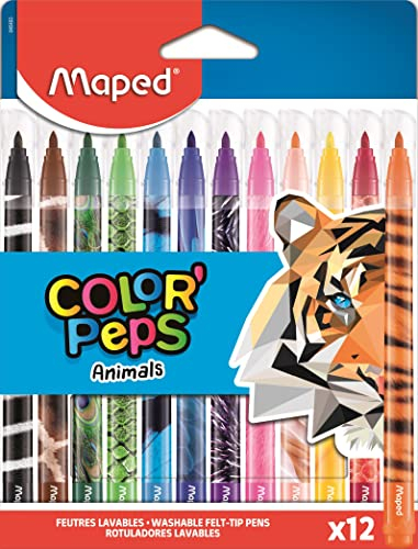Maped 845403 - Filzstifte, Fasermaler COLOR'PEPS ANIMALS mit mittlerer Spitze - mit Tiermotiven - x12 Stifte