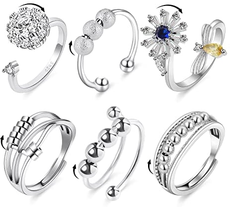 Aucuu 6 Stück Angst Spinning Ringe für Damen mit Perlen Band Ring, Offener Ringe Fidget Spinner Ringe, Zirkonia Zappelringe, Verstellbare Stapelbare für Stress Abbauen