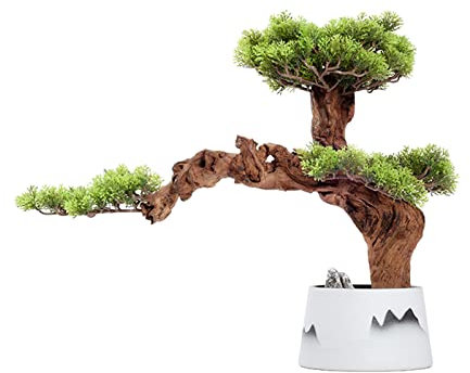 TOMYEUS Künstliche Pflanzen Künstlicher Zedern-Bonsai-Baum, 18,1 Zoll hoch, künstliche Topfpflanze, Tischaufsteller mit weißen Keramiktöpfen, for Zuhause, Bürodekoration Kunstpflanze