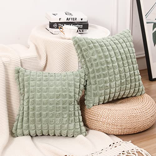 Mandioo 2er Set Super Soft Plüsch Faux Pelz Dekokissen Kissenbezüge 60x60 cm Salbei grün, Plaid Textur Moderne Luxus Kissenbezug Sofakissen Dekorativ Couchkissen Kissenhülle für Sofa Couch