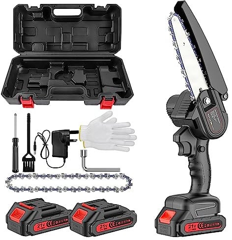 Mini Chainsaw Electric 6 Inch, Cordless Chain Saw with Battery and Charger, Small Hand Held Chainsaw Portable for Cutting Trees and Wood, 2 x 21V Battery