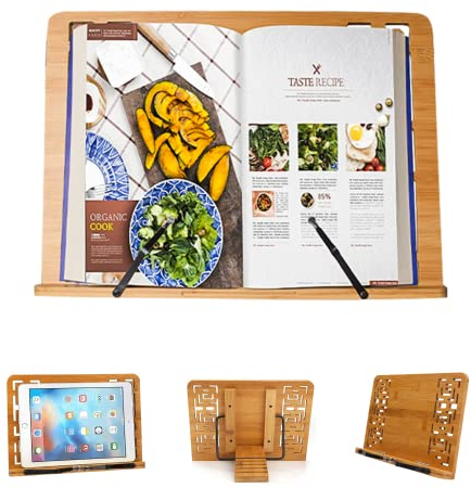 Support de Livre en Bambou. Porte-Livre avec 2 Supports de Page en Métal. Support Pliable et Réglable pour Ipad/Tablette/Livres de Cuisine/Support de Document de Bureau
