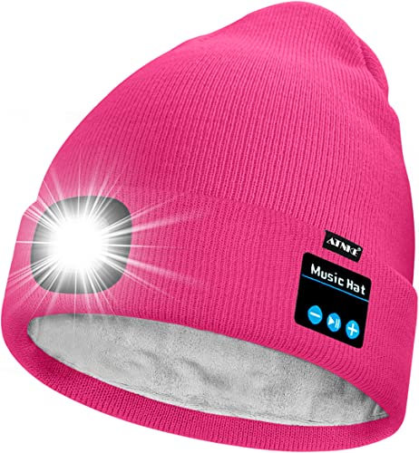 ATNKE Unisex LED Lighted Bluetooth Beanie Hat,USB Rechargeable 4 LED Running Headlamp Ultra Bright Music Speaker Cap with Head Torch Winter Warm Lined Fleece Gifts for Men and Women/Rose Red