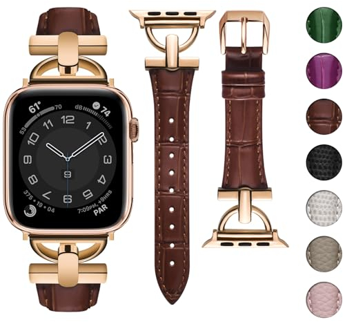wutwuk Lederarmband Kompatibel mit Apple Watch Armband 46mm 49mm 44mm 45mm 42mm Echtes Leder mit Bamboo-Muster Schmal Armband für Apple Watch Ultra/10/9/8/7/6/5/4/3/2/1/SE Damen Dunkelbraun Roségold