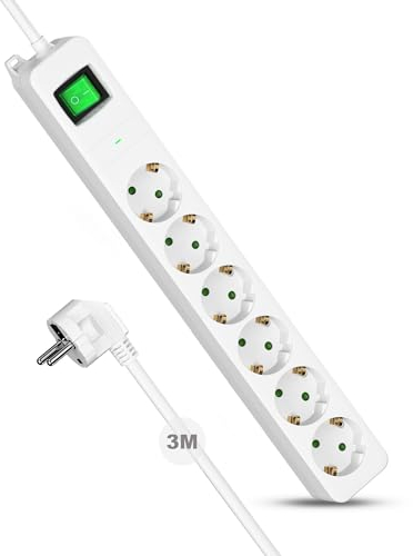 𝟔 𝐅𝐚𝐜𝐡 Steckdosenleiste mit Überspannungsschutz, Maiyle 𝟑𝐌 Verlängerungskabel mit Schalter 1050J, Wandmontage, Kindersicherung Mehrfachsteckdose (3680W,16A,Weiß)