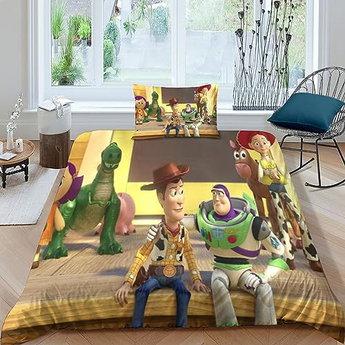 HITBOD Toy Story Woody Buzz Lightyear Bettbezug,Kinder Bettwäsche Set Mikrofaser 3D Animierte Charaktere Bettwäsche,3 Teilig Bettbezüge Bettwäsche-Sets Mit Kissenbezug Single(135x200cm)