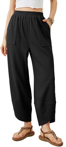 Xiaoxuemeng Womens Baggy Wide Leg Pants Casual Elastic Waisted Palazzo Harem Pants with Pockets (Black-L)