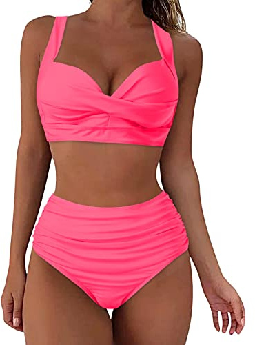 Ainiyo Bikini pour femme, ventre plat, grande poitrine, col en V, motif floral croisé, maillot de bain, bikini deux pièces, taille haute, push-up, pour femme, 2-rose, L
