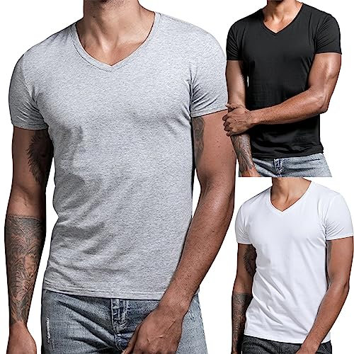 T-shirt pour homme - Col en V - Coupe ajustée - Stretch - Coton - Sportif - Séchage rapide - Manches courtes - Coton solide - Col en V, Gris 69., XL