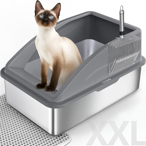 FURTIME Arenero Acero Inoxidable Gatos, Arenero Gato 61x40x31cm con pala de Metal, Arenero Gato XXL a Prueba de Fugas, Alfombra para Gatos de Doble Capa, Bordes Altos, Apto para varios gatos, sin Olor