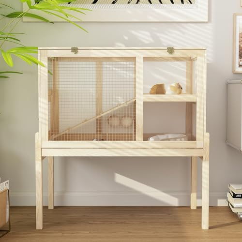 Mäusekäfig Hamsterkäfig Kleintierhaus mit 2 Etagen, Mäuseschrank mit Treppe, 89 x 50 x 93 cm, aus Holz, mit klappbarem Deckel & Sichtfenster