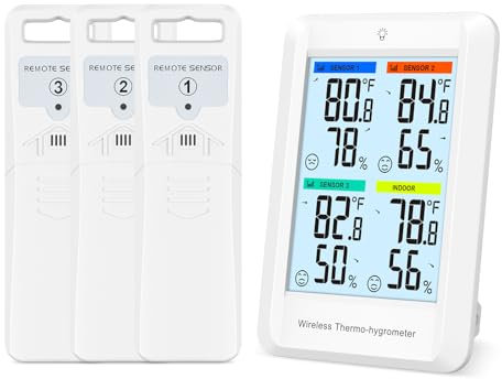 LOFICOPER Digitales Thermometer, Hygrometer, für den Außenbereich, kabellose Wetterstation, Kühlschrankthermometer mit 3 Sensoren, 100 m Übertragungsreichweite, Alarmfunktion und Trend