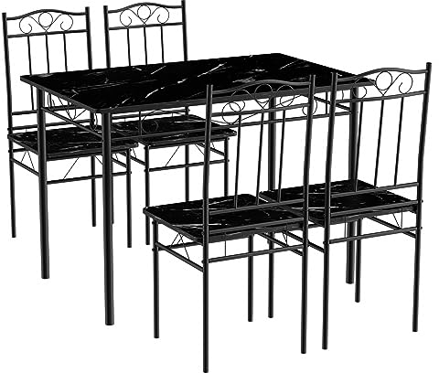 FURNITABLE Esstisch mit 4 Stühlen Holz 5-TLG Set Metall 109 x 69 cm Industrial Esszimmer Küche Stühle Tisch Möbel Essgruppe Sitzgruppe,Schwarzer Marmor