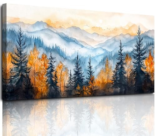 hyidecorart Blaue Goldene Aquarell Wald Wandbilder Wohnzimmer 50x100 cm, Leinwand Bild Natur Landschaft, Modern Wanddeko Aesthetic Schlafzimmer Badezimmer Büro Zimmer Esszimmer Flur Küche