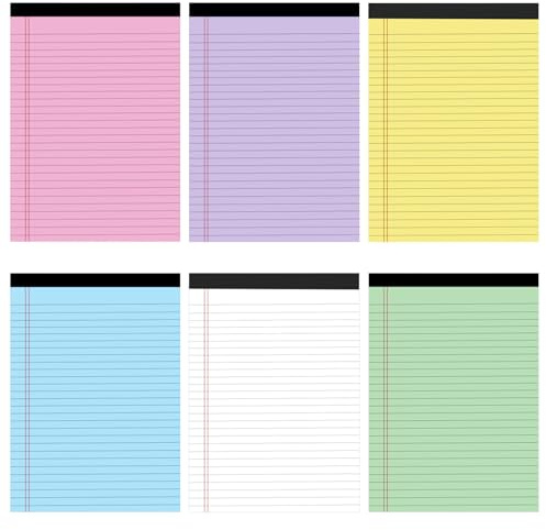 Daelesr 6 Stück Legal Pad Notizblöcke A4, 29,5 x 21,4 cm, Farbige Schreibblöcke, Note Pads, Papierblöcke, breit liniert, 50 Blatt pro Pad (6, Bunt)