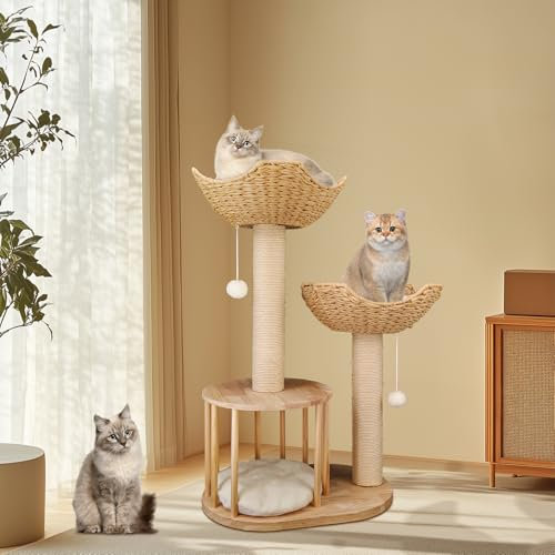BingoPaw Wooden Cat Tower Tree: 3-tier Kitten Tree Activity Tower Condo Furniture with Plush Cushion Cozy Rest Dangling Ball Sisal Scratching Post Indoor 60x40x99Hcm