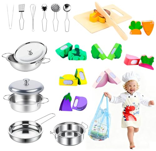 FIVAVA Kit Cuisine Enfant | Accessoires de Cuisine Jouet Complets avec Casseroles en Acier Inoxydable, Tablier & Jouets Légumes/Aliments | Jeu de Rôle-Play pour Filles et Garçons