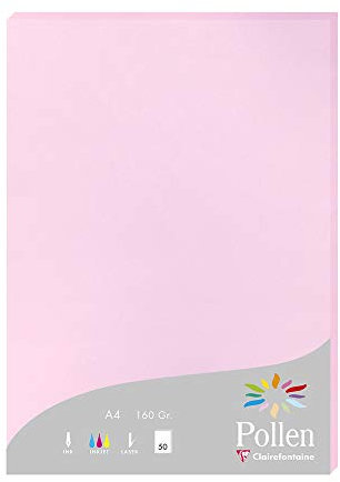 Clairefontaine 14213C - Étui de 50 Feuilles - Format A4 (21x29,7cm) - 160g/m² - Coloris Rose Dragée - Papier d'Invitation Evènements et Correspondance - Gamme Pollen - Papier Premium Lisse