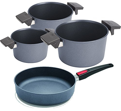 Woll Set de casseroles Diamond Lite induction – 3 x pot + 1 x sauteuse 28 cm – manche amovible – Induction – Fonte d'Aluminium – Plat à Oeufs – Anti-adhésif
