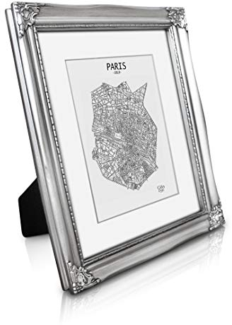Marco de Fotos Antiguo, 20 x 25 cm, con paspartú para Fotos de 13 x 18 cm, Cristal Frontal – 3 cm de Ancho – Estilo Barroco rococó – Plata Antigua
