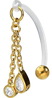 PIERCINGLINE PMFK Bananabell + Chirurgenstahl Design KETTE + 2 KRISTALLE Piercing Intimbereich Bauch Goldfarben