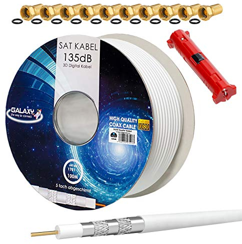 HB-DIGITAL Galaxy - Cable coaxial para antena satélite (135 dB, apantallado en 5 capas, incluye pelacables y F conectores, para DVB-S, S2, S2X, DVB-C y DVB-T, T2 BK, UHD 4K, Full HD 3D) 100 m Blanco