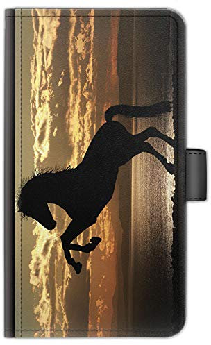 Horse Phone Case For Apple iPhones, 16, 15, 14,13, 12, 11, Pro Max, Mini, XR, XS, SE, PU Leather Phone Case with Black Horse Silhoette, Side Flip Wallet Phone Cover