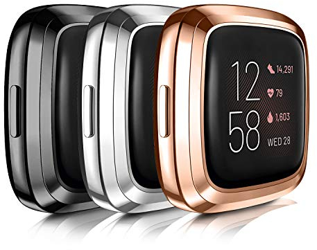 Vancle 3-Pack Hülle Kompatibel mit Fitbit Versa 2 Schutzhülle Schutzfolie, Weiche TPU Vollschutz Display Schutz Schutzhülle Hülle für Versa 2 NUR (Schwarz/Rosegold/Silber)