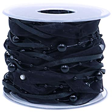 ANCLLO 10M Künstliche Perlenband Chiffon-Band und Organza-Spitze-Band-Ordnungen für Hochzeits-Blumen-Weihnachtsbaum-Dekoration Nähen Handwerk Verpackung (Schwarz)