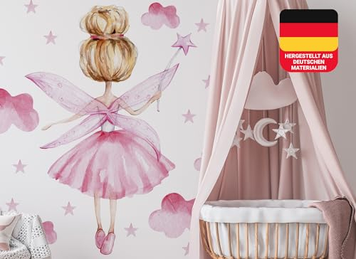 Osomhome Wandtattoo Kinderzimmer Mädchen Fee (170x160cm) | Kinderzimmer Deko Babyzimmer Wanddeko | Wandaufkleber Wandbild Kinderbilder Wandsticker | Wolken Sterne Zauberstab os6600