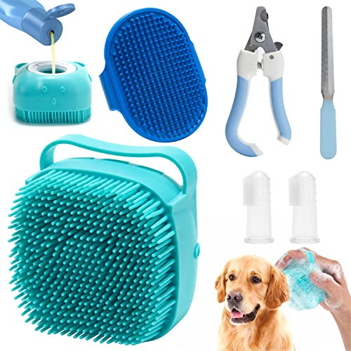 WOBEVB 6Pcs Grooming Kit - Dog Bath Brush, Soft Silicone Shampoo Dispenser, Pet Finger Toothbrush, Nail Clippers & File, for Short & Long Haired Dogs, Cats & Rabbits