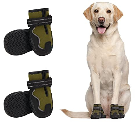Dociote Hundeschuhe pfotenschutz rutschfest mit Anti-Rutsch Sohle Klettverschluss wasserdichte Schneeschuhe 4 Stücke für mittelgroße große Hunde Winter Grün 4#