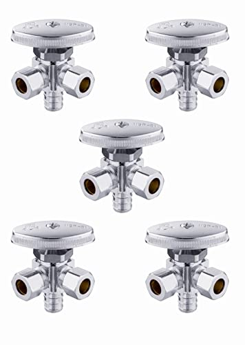 EFIELD Doppelauslass-Winkel-Absperrventil, mehrdrehen, 1,27 cm Widerhaken, Crimp-Pex-Einlass x (3/8 Zoll x 3/8 Zoll) Kompressionsauslass, verchromt, 5 Stück