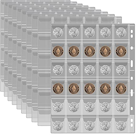 12 Blatt Münzsammlungsseiten, Münztaschenseite mit 360 Taschen, Münzordner-Einsteckhüllen mit Standard-9-Loch für Münzalbum. Aufbewahrungshalter für Währungen (30 Fächer)
