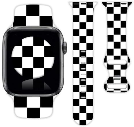 Black and White Checkered Watch Band Compatible with Apple Watch 38mm 40mm 41mm 42mm 44mm 45mm 49mm for Women Men Gifts Sport Silicone Wristbands Strap for IWatch Series 10 9 8 7 6 5 4 3 2 1 SE