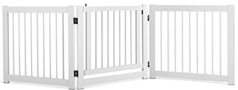 GYMAX Wooden Pet Gate, 3 Panel Folding Dog Barrier with Walk Through Door, Freestanding Tall Pet Safety Fence for Doorway, Stairs and Kitchen (207 x 2 x 61 cm, White)