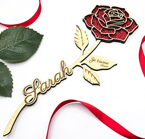 Rose éternelle en bois avec prénom et texte personnalisé, idée cadeau de couple Saint-Valentin, St Valentin, décoration, déclaration amour, souvenir