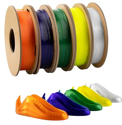 TINMORRY TPU Filament 1,75mm Bündel, 3D Drucker Filament Set, 200g x 5 Spulen, Transparent Orange, Gelb, Violett, Smaragdgrün